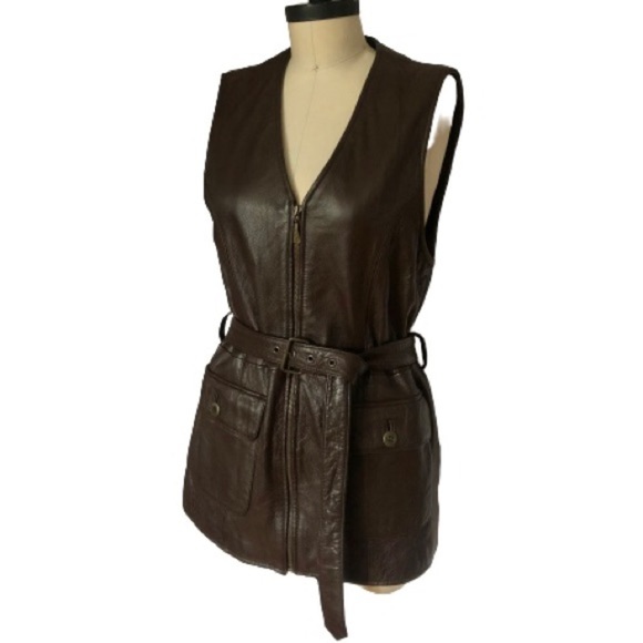 Brown Leather Vest Belted Riding Longline Safari Sleeveless Otello Pelle Small - Picture 7 of 16